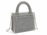 Silver Metallic Woven Acrylic Handbag with Chain Strap