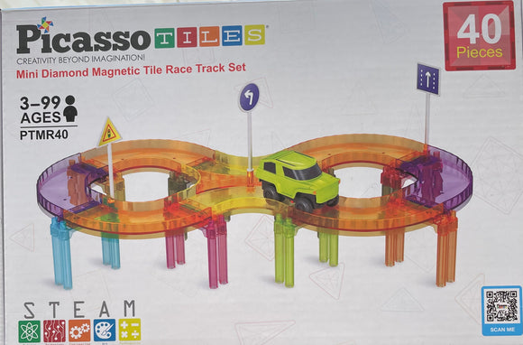 Picasso Tiles - Mini Diamond Magnetic Tile Race Track Set - 40 Pieces