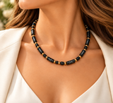 Black Metal Geometric Symbol Necklace with Gold-Tone Accents