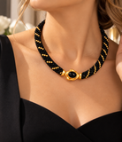 Elegant Black Glass Beaded Necklace with Gold Accents