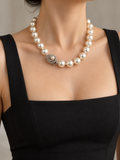 White Faux Pearl Necklace with Ornate Silver-Tone Clasp