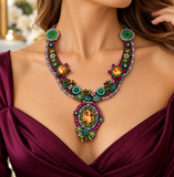 Vintage-Inspired Floral Portrait Beaded Necklace
